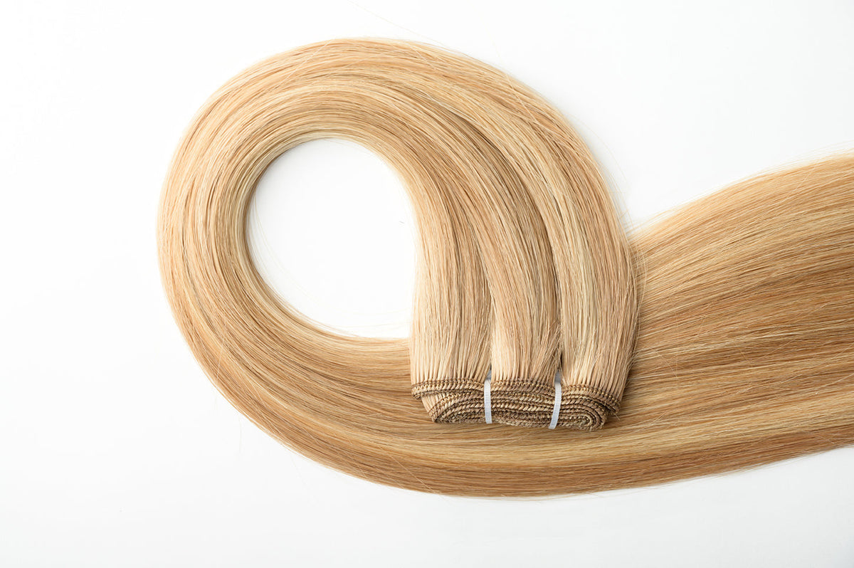 rollover-image. #16/22 Caramel Light Blonde Mix Traditional Weft Extensions. Superior Hair Extensions.
