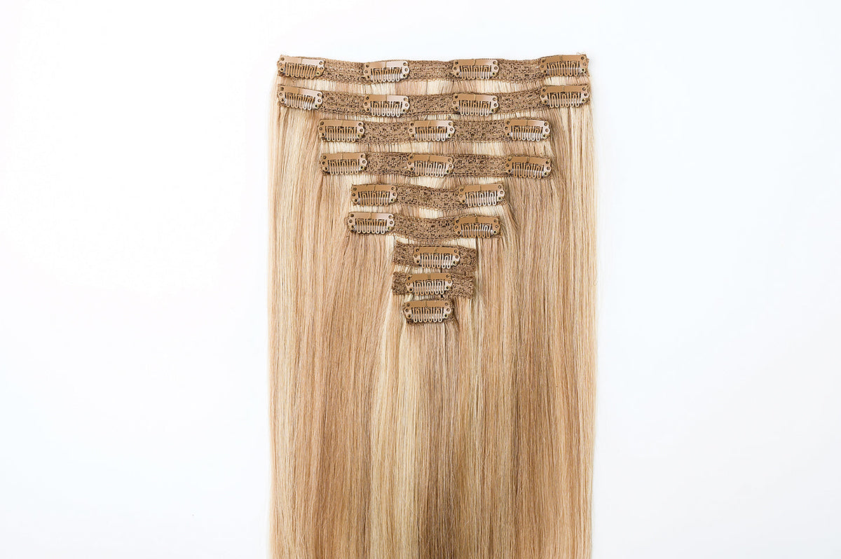 rollover-image. #16/22 Caramel Light Blonde Mix Classic Clip In Hair Extensions 9pcs. Superior Hair Extensions.