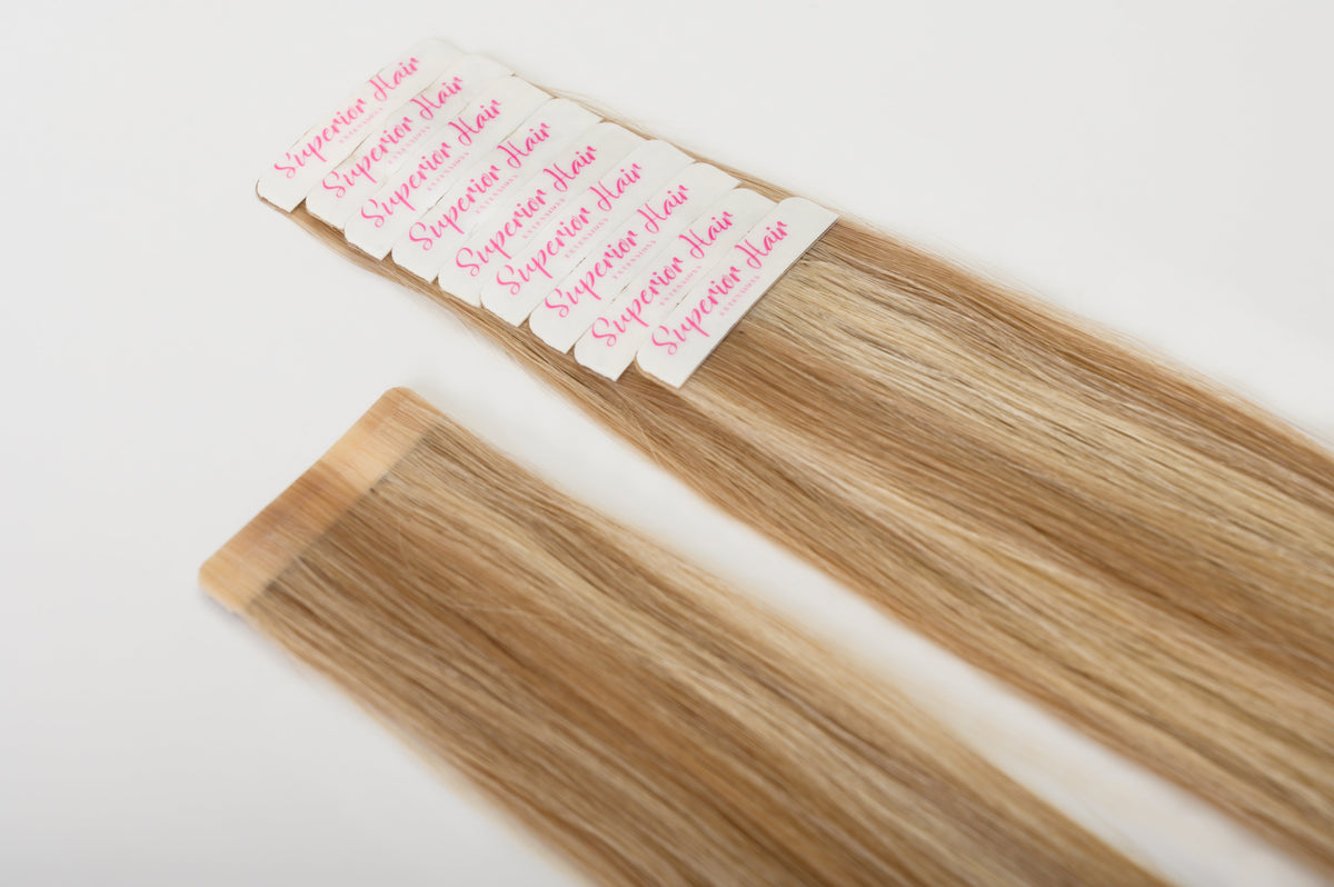 rollover-image. #16/22 Caramel Light Blonde Mix Ultra Seamless Tape In Extensions. Superior Hair Extensions.